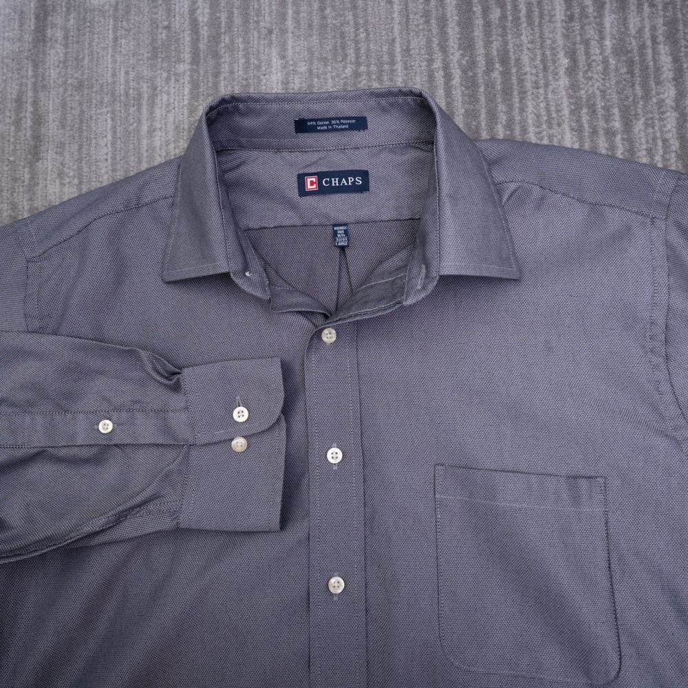 Chaps Men Dress Shirt Large 16.5‎ 32/33 Gray Wrinkle Free Long Sleeve Button Up